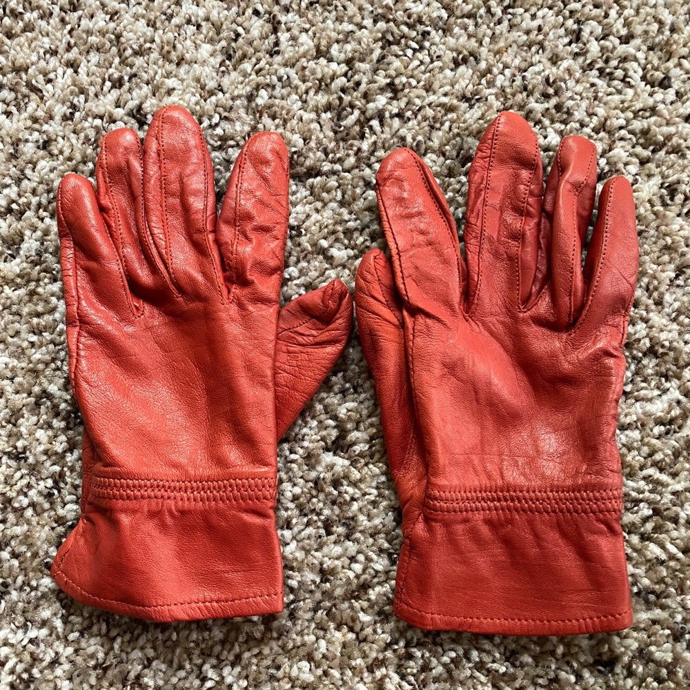 lamb skin Leather gloves Coral Red Elastic Cuff Women's Size S